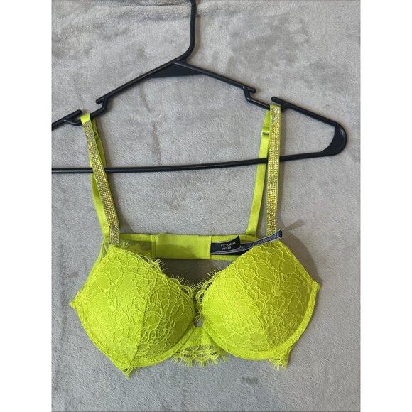 Victoria’s Secret Very Sexy Push-Up Bra 32B Neon Green Lace Rhinestone Straps - Picture 2 of 6